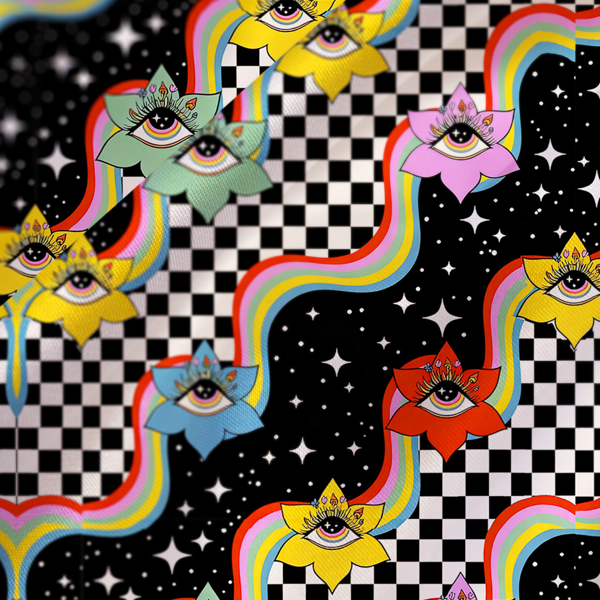 Purplehecate Enchanted Eye Blossom Satin Cross Back Mini Dress