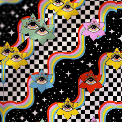 Purplehecate Enchanted Eye Blossom Satin Cross Back Mini Dress