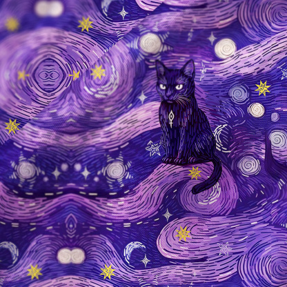 Purplehecate Mystic Cat Beneath the Cosmic Veil Satin Cross Back Mini Dress