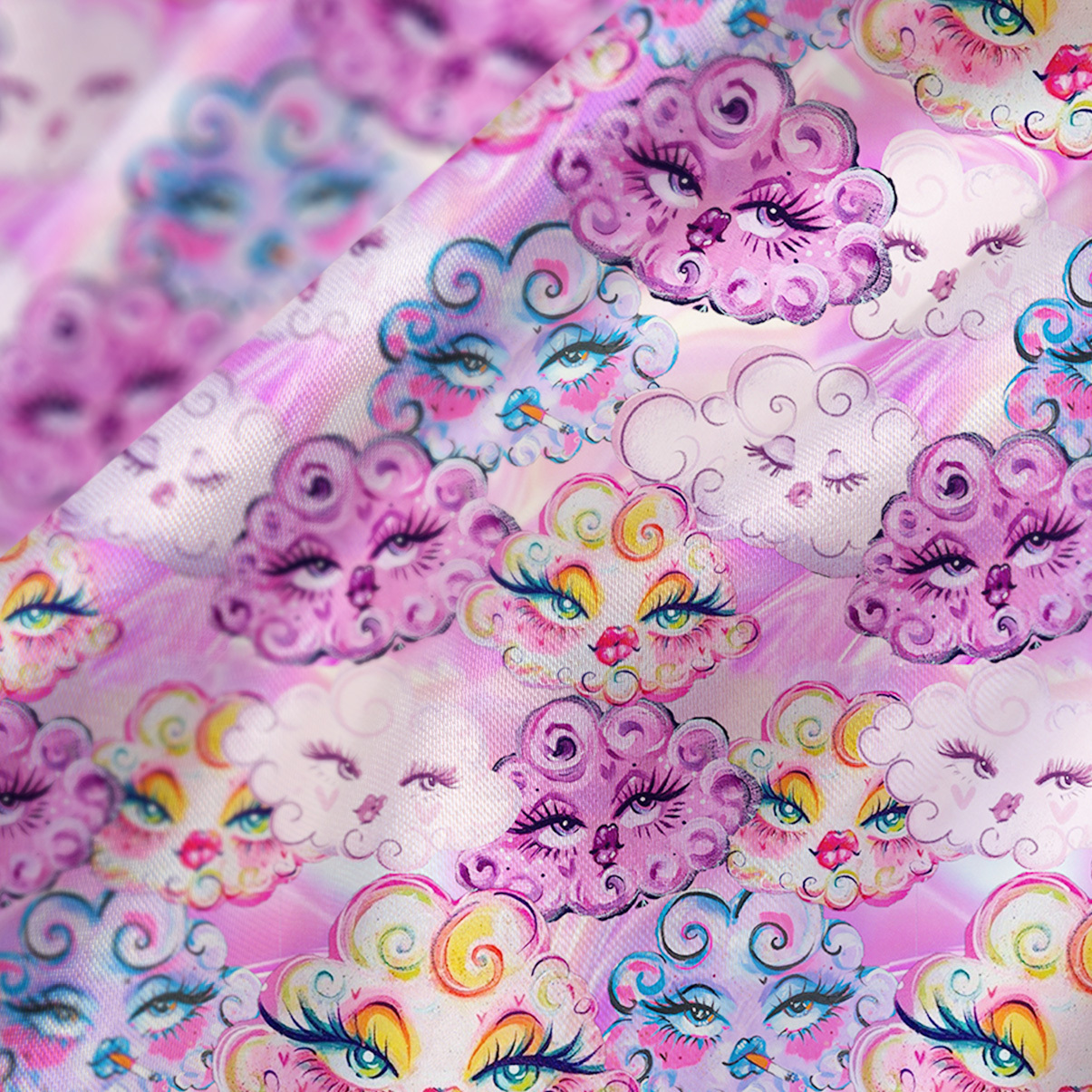 Purplehecate Dreamy Cloud Faces Satin Cross Back Mini Dress