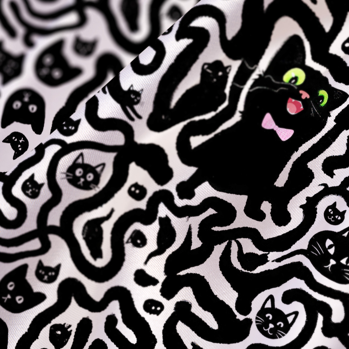 Purplehecate Whimsical Abstract Cat Satin Cross Back Mini Dress