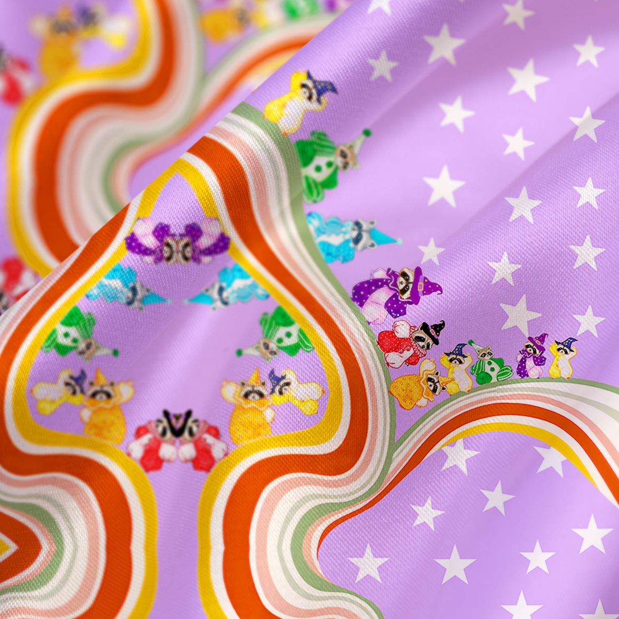 Purplehecate Rainbow Raccoon Star Satin Cross Back Mini Dress