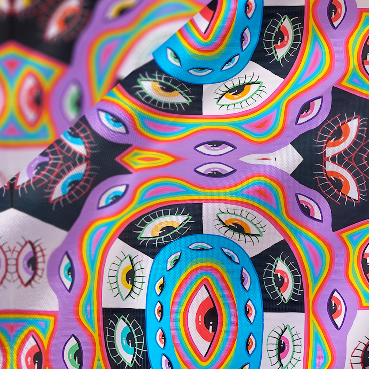 Purplehecate Chromatic Dreamwave Eye Satin Cross Back Mini Dress