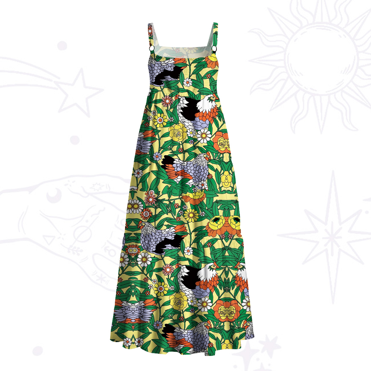 Purplehecate Daisy Hen Garden Wide Straps Maxi Dress
