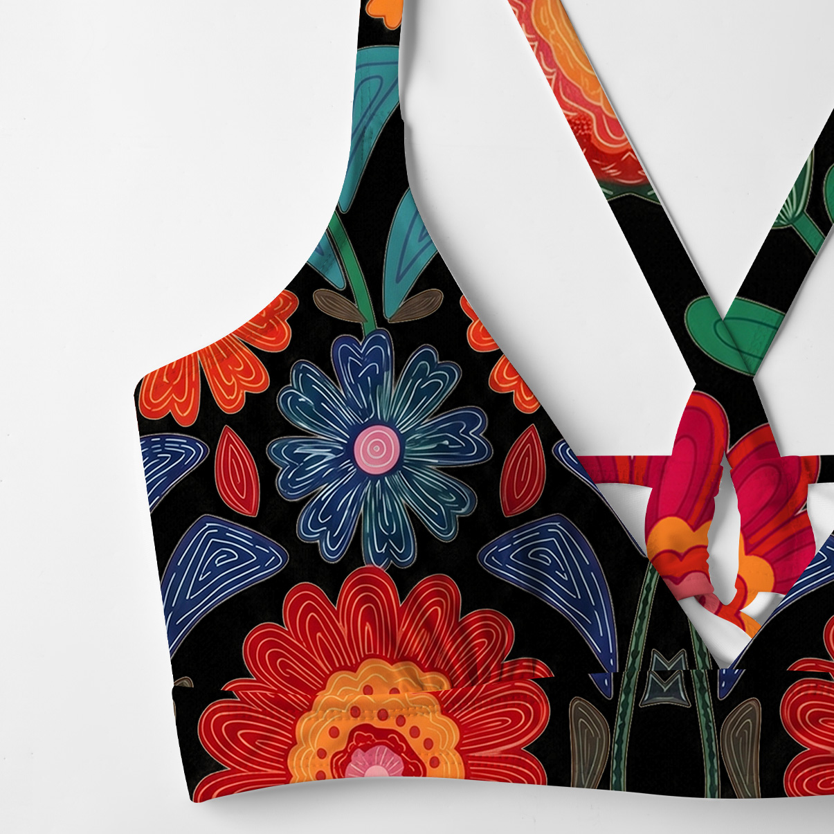 Purplehecate Retro Bloom Folk Floral Crisscross Tie-Back Bikini Set