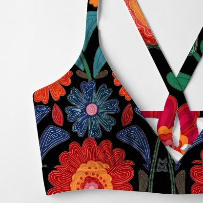 Purplehecate Retro Bloom Folk Floral Crisscross Tie-Back Bikini Set