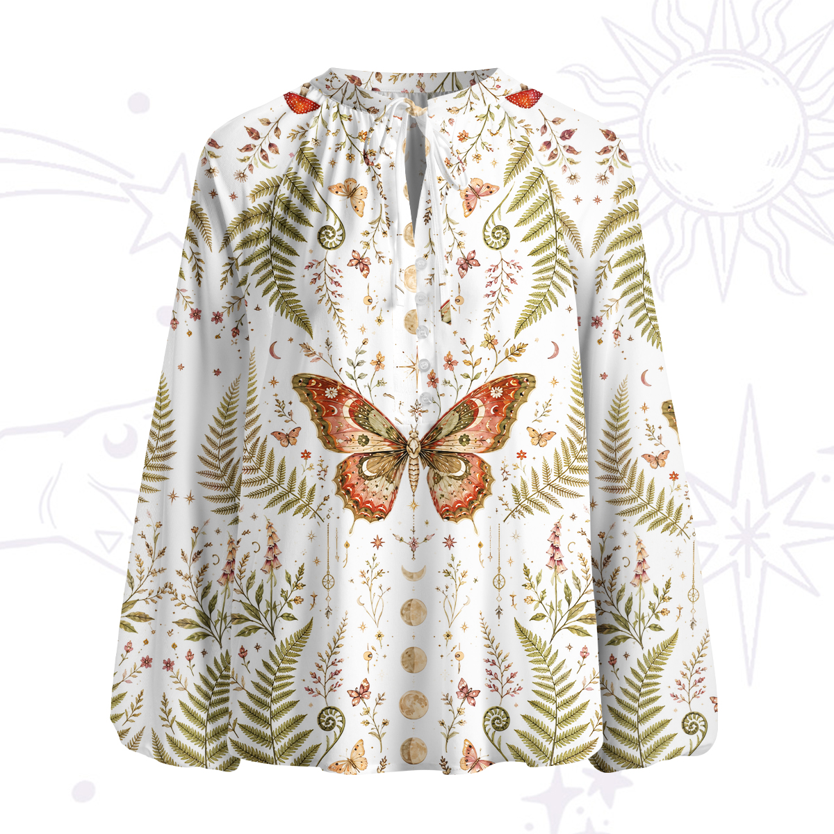 Purplehecate Moon Moth in the Enchanted Fores Split Neck Tie Blouse