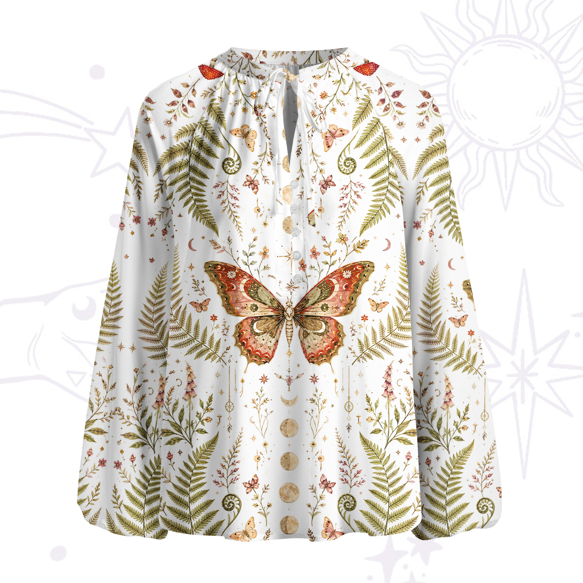 Purplehecate Moon Moth in the Enchanted Fores Split Neck Tie Blouse