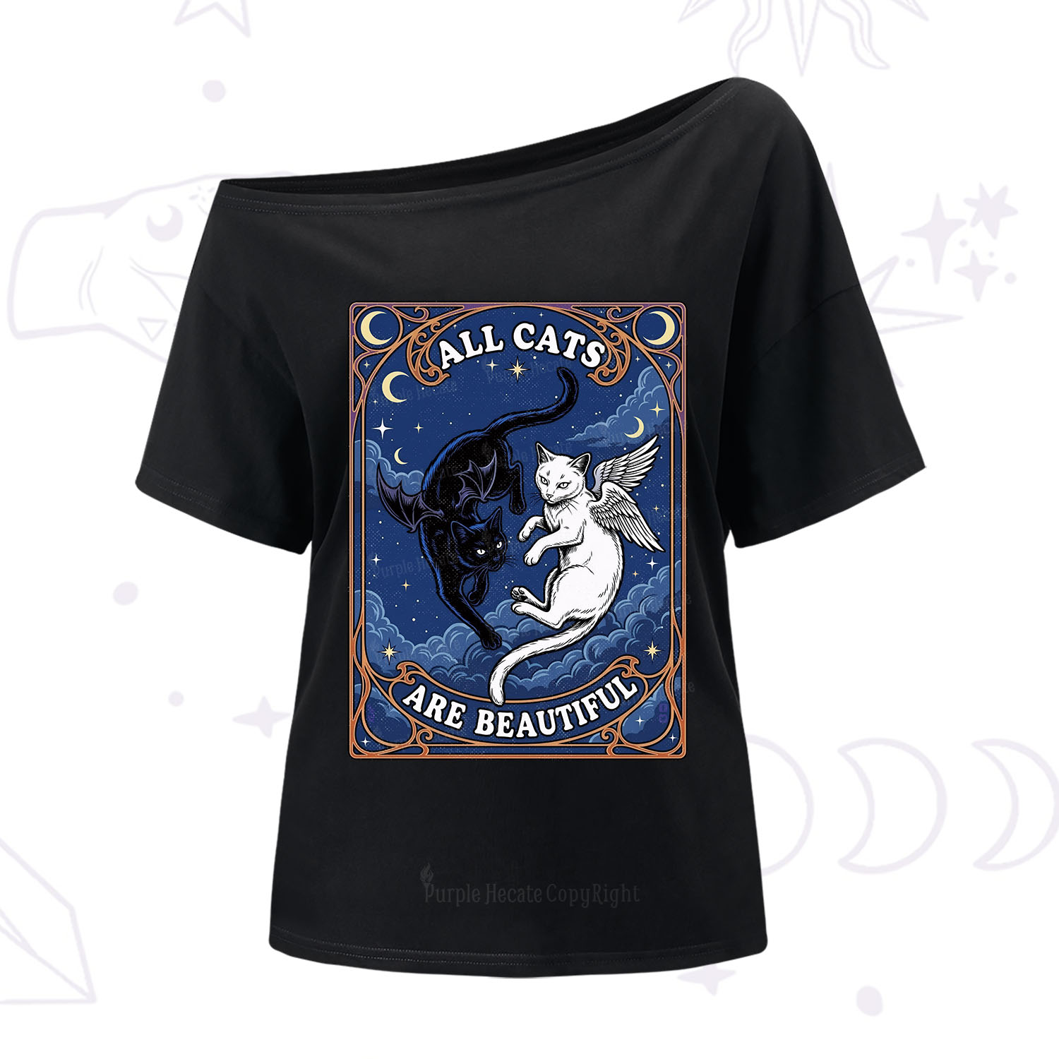 Purplehecate Angel & Devil Cat One Shoulder T-Shirt