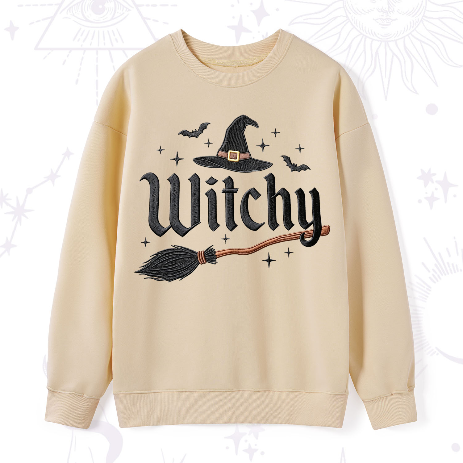 Purplehecate Bat and Broomstick Witch Embroidered Sweatshirt