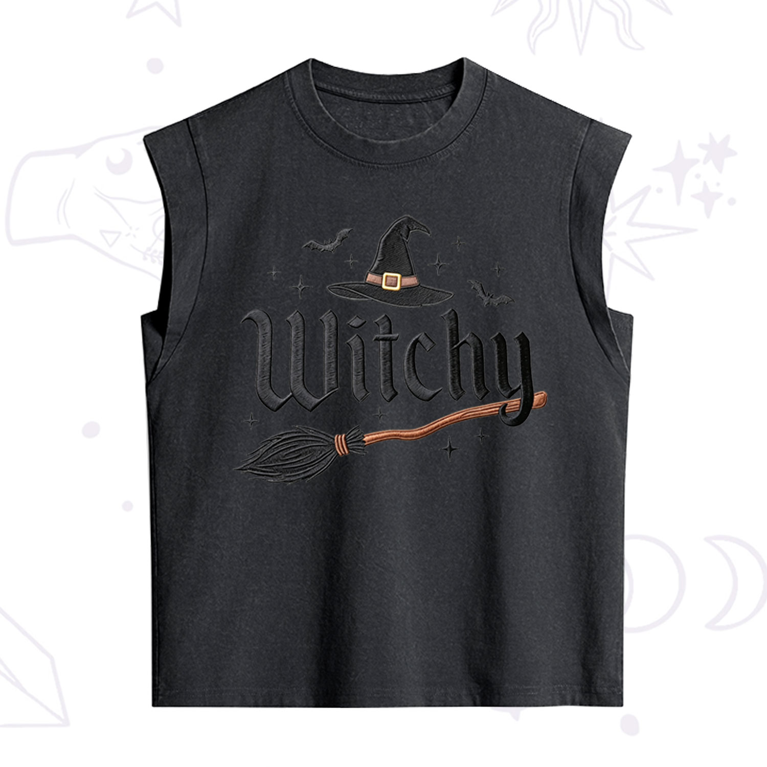 Purplehecate Bat and Broomstick Witch Embroidered Vintage Washed Tank