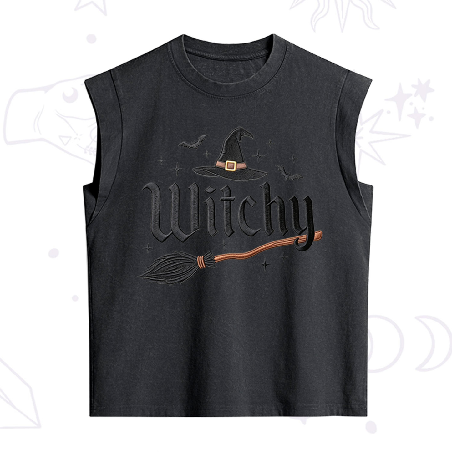 Purplehecate Bat and Broomstick Witch Embroidered Vintage Washed Tank
