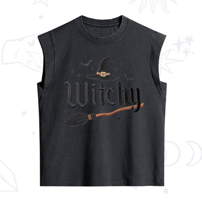 Purplehecate Bat and Broomstick Witch Embroidered Vintage Washed Tank