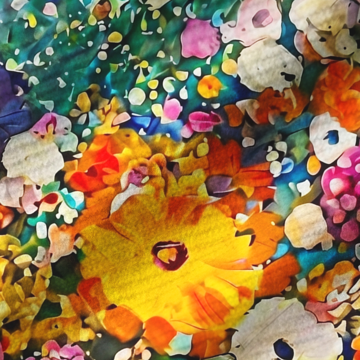 Purplehecate Fluffy Black Cat in Colorful Flower Field Ribbed Knit Dress