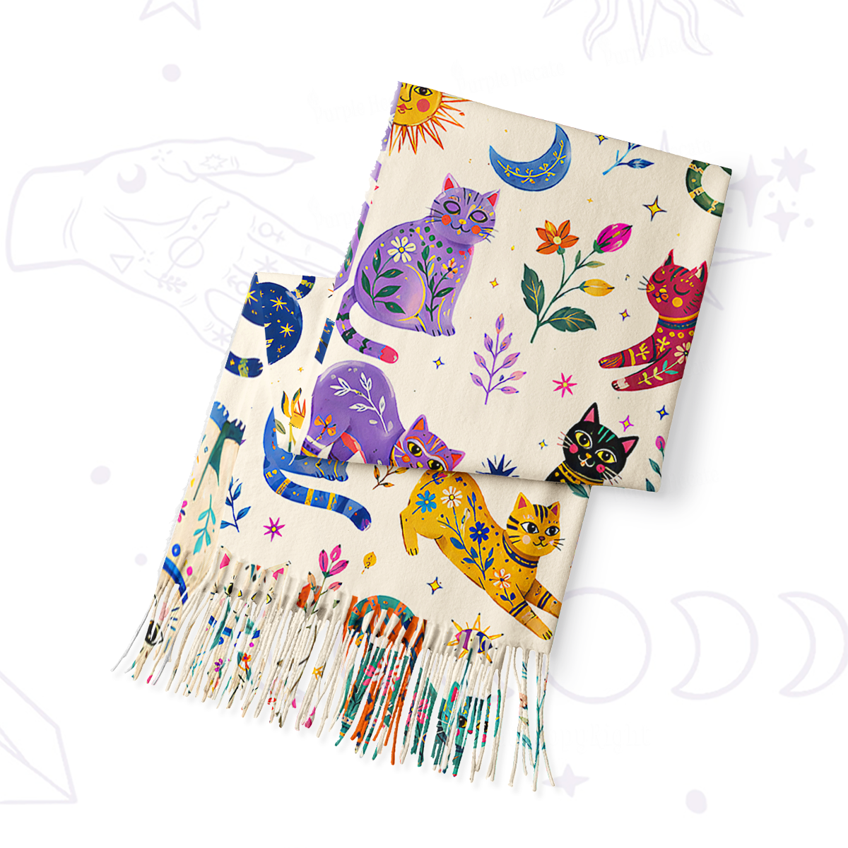 Purplehecate Rainbow Magic Cats Printed Fringe Scarf