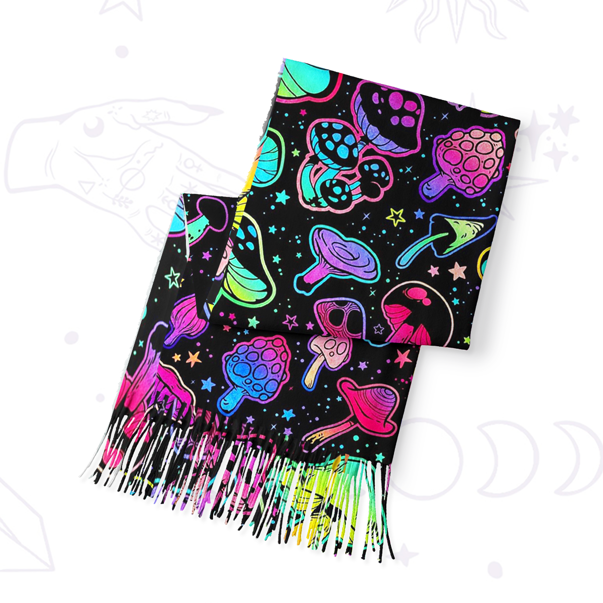 Purplehecate Psychedelic Mushroom Rave Printed Fringe Scarf