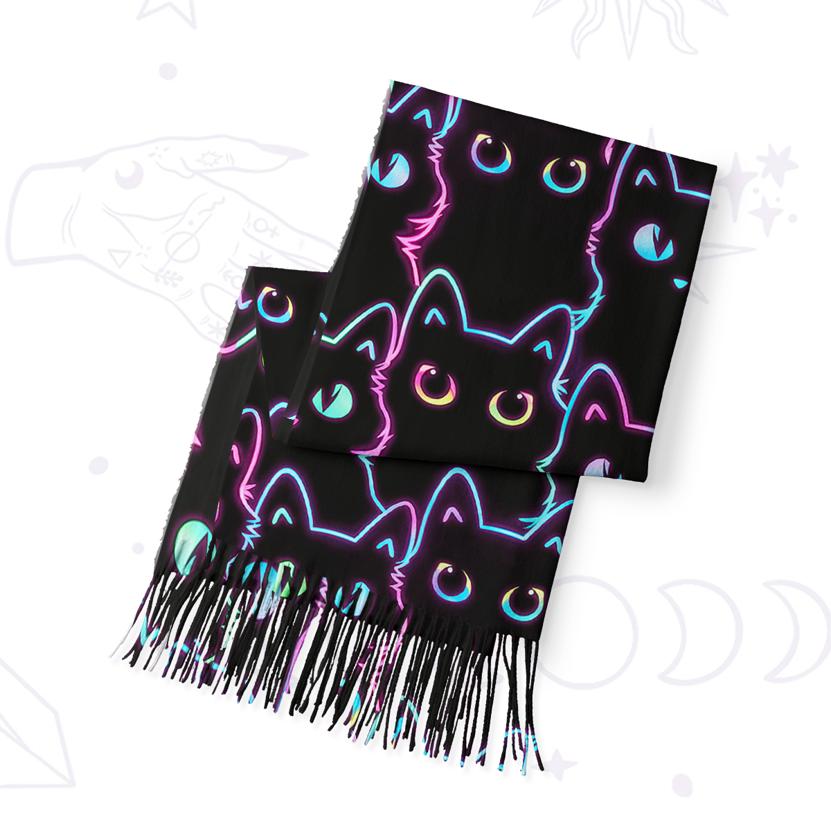 Purplehecate Neon Glow Stacked Cats Printed Fringe Scarf