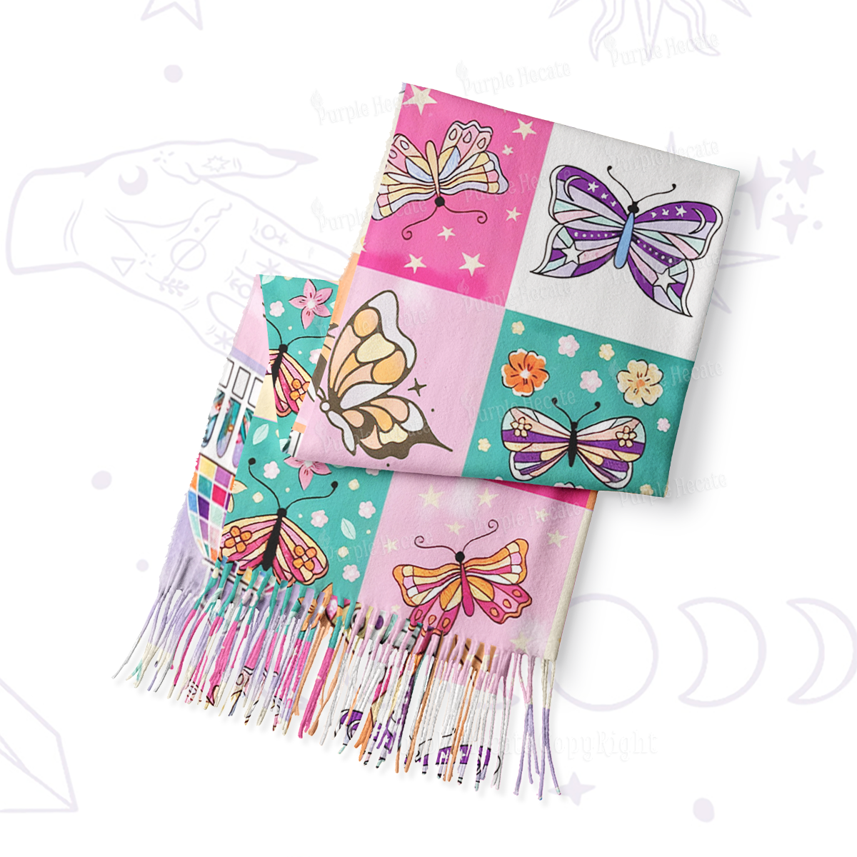 Purplehecate Dreamy Butterfly Garden Printed Fringe Scarf