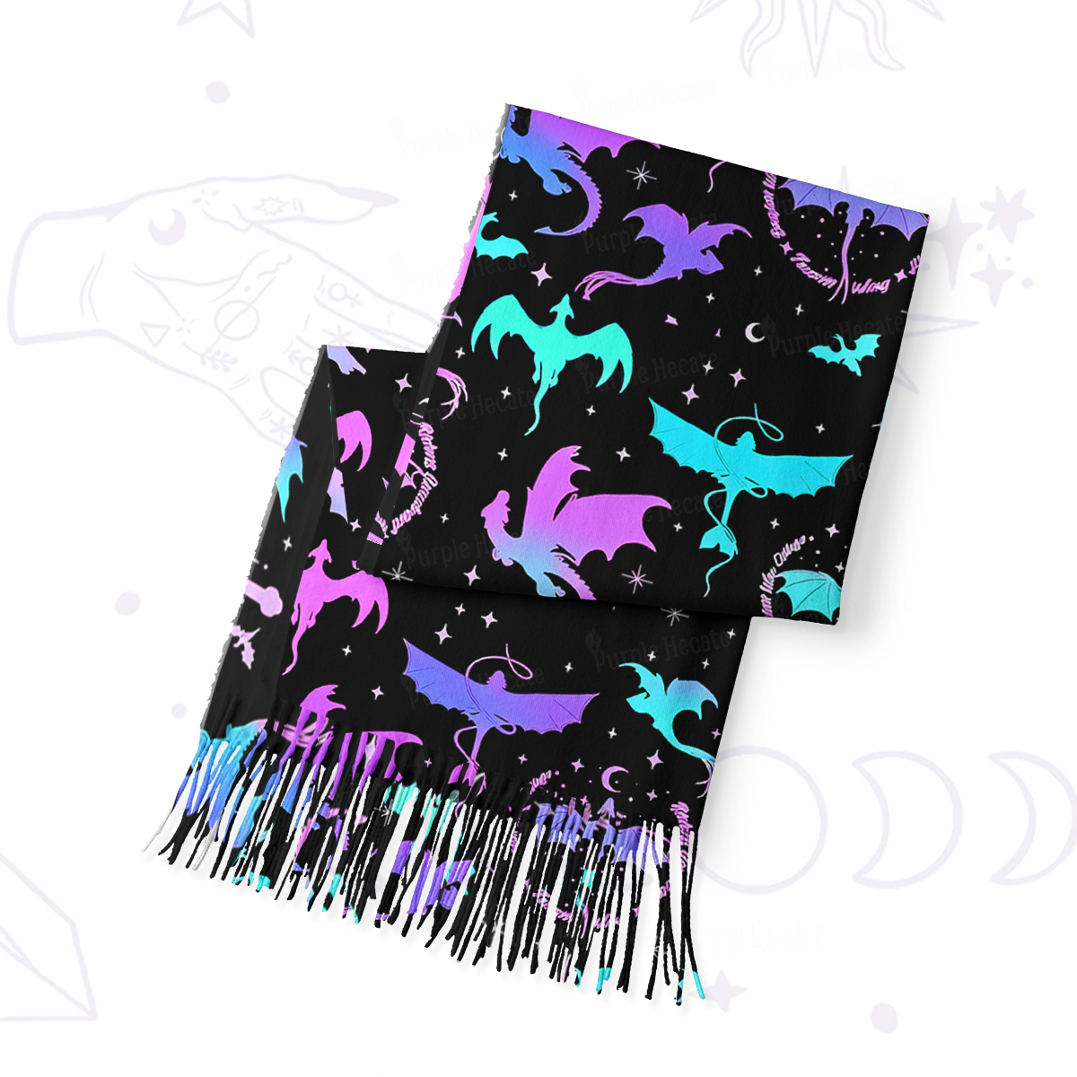 Purplehecate Neon Fantasy Dragon Allover Printed Fringe Scarf