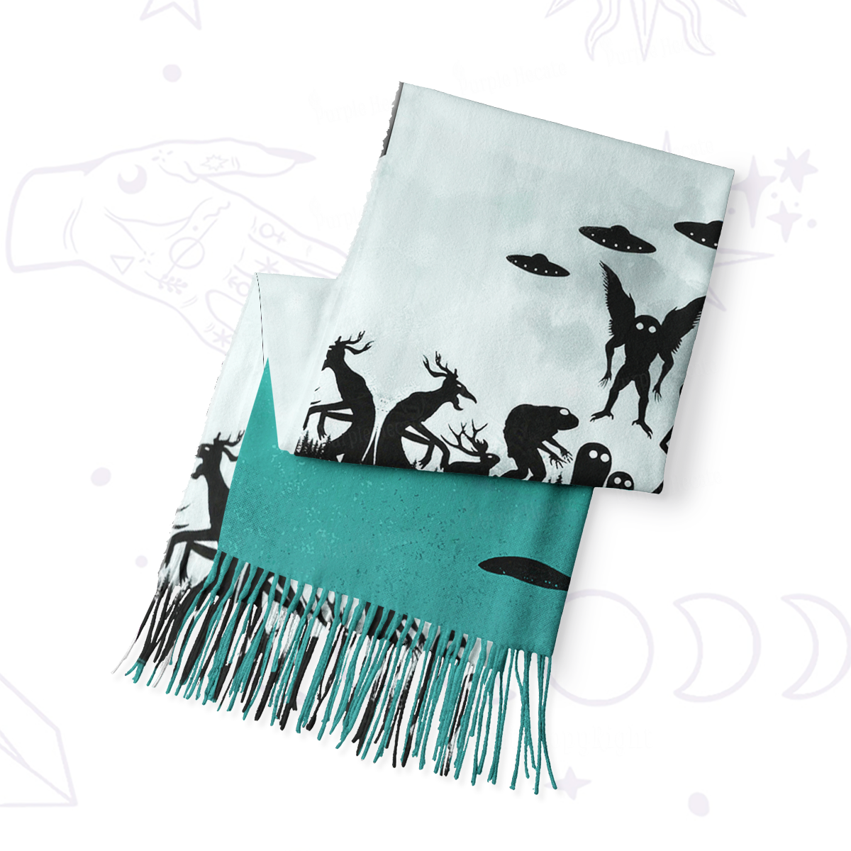 Purplehecate Alien Lake Monster Encounter Printed Fringe Scarf