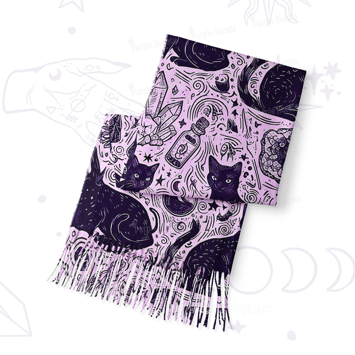 Purplehecate Midnight Black Cat Witch Potion Printed Fringe Scarf