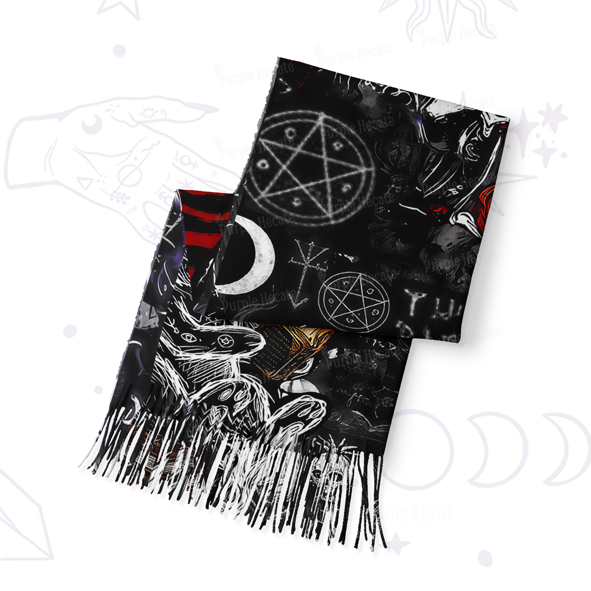 Purplehecate Gothic Cursed Bunny Ritual Printed Fringe Scarf