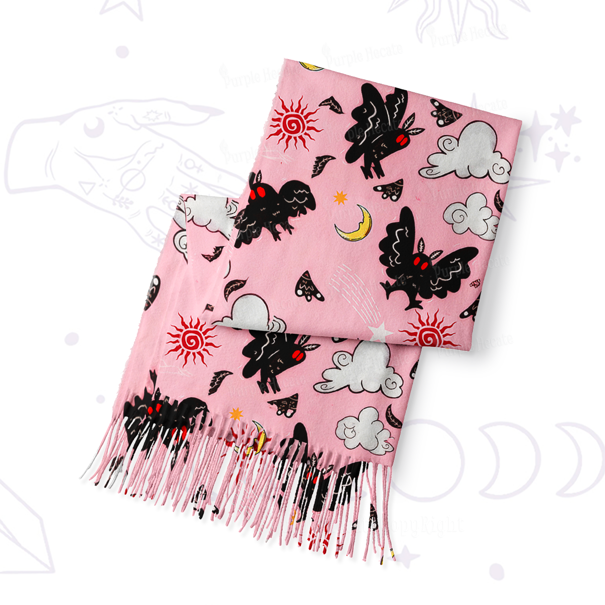 Purplehecate Cryptid Mothman Printed Fringe Scarf