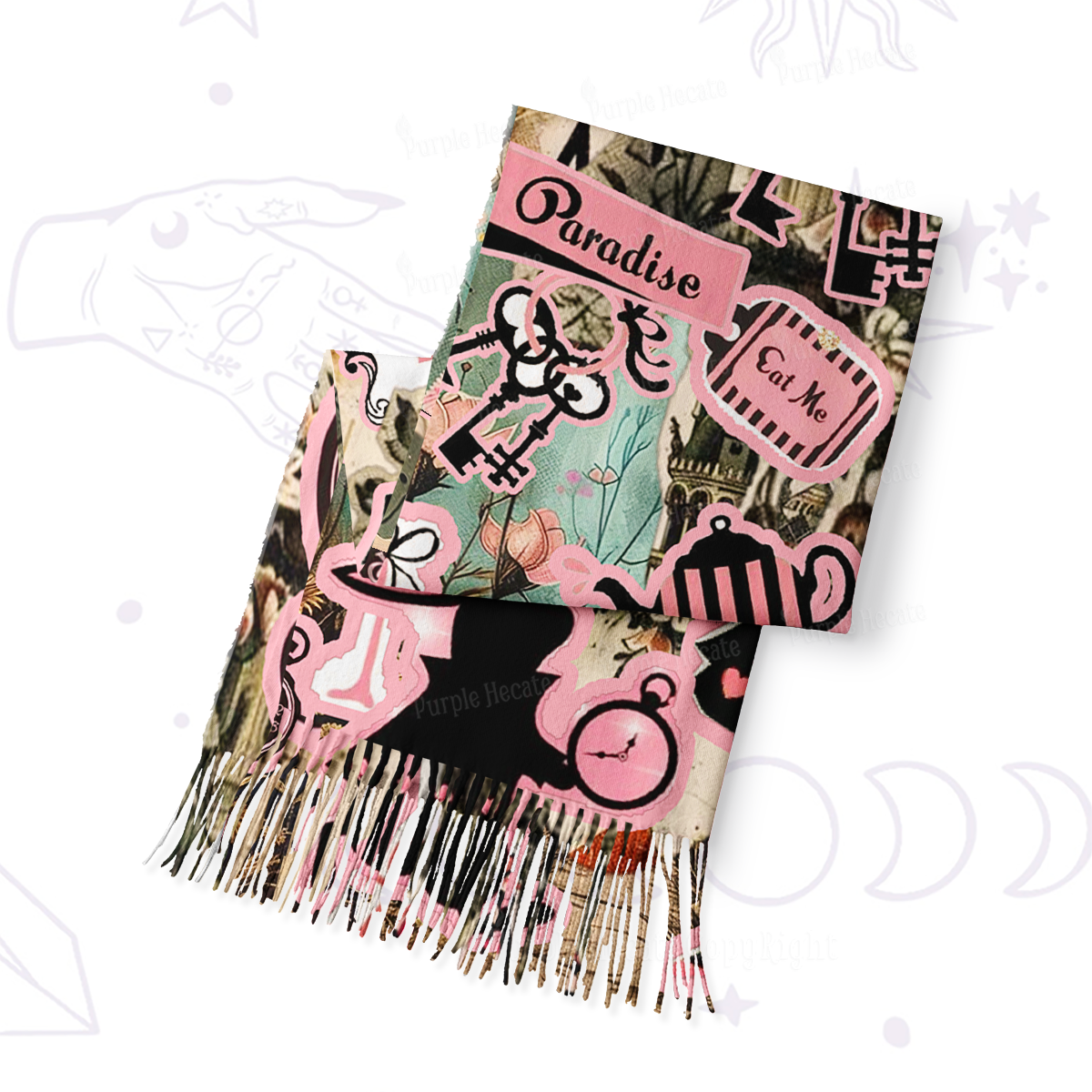 Purplehecate Wonderland Alice’s Tea Party Printed Fringe Scarf