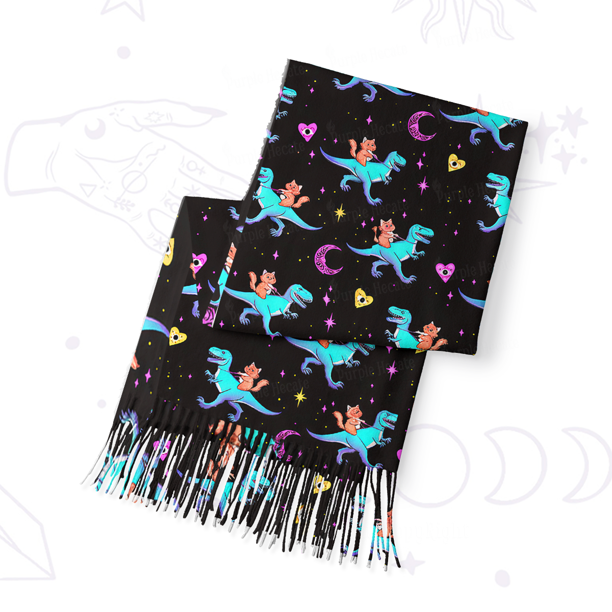Purplehecate Witch Cat Rides the Dino Printed Fringe Scarf