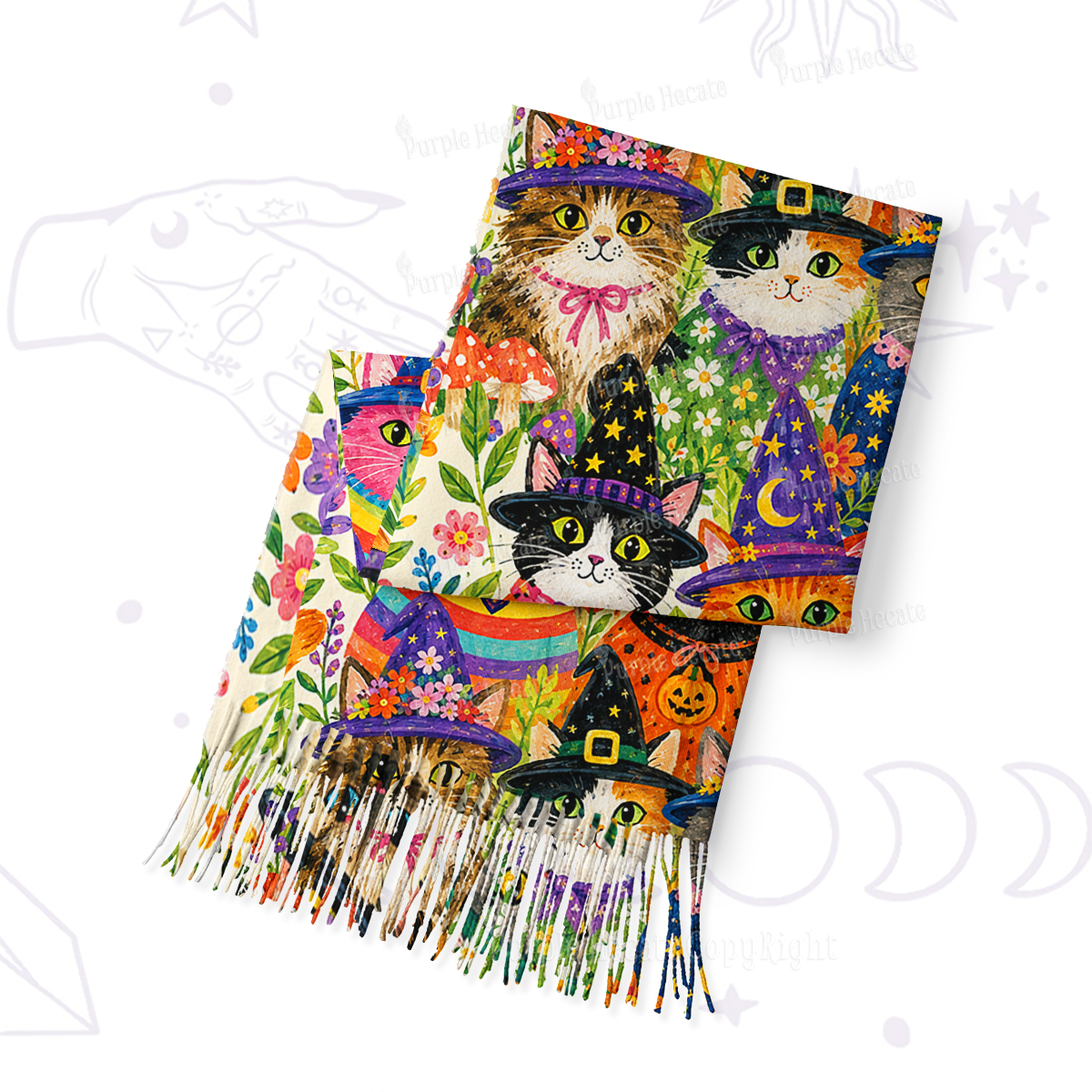 Purplehecate Witchy Meow-Meow Gathering Printed Fringe Scarf