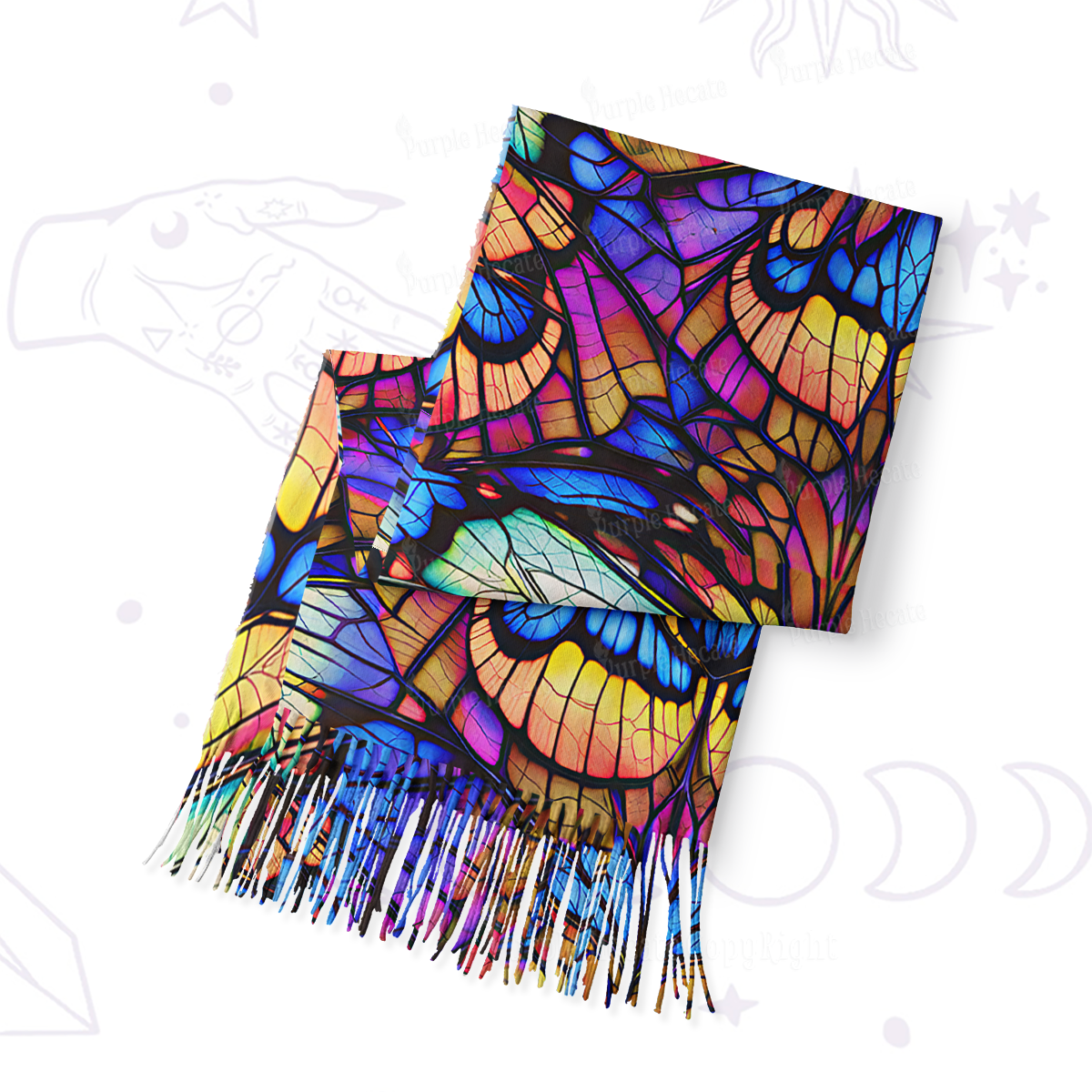 Purplehecate Colorful Butterfly Wing Pattern Printed Fringe Scarf