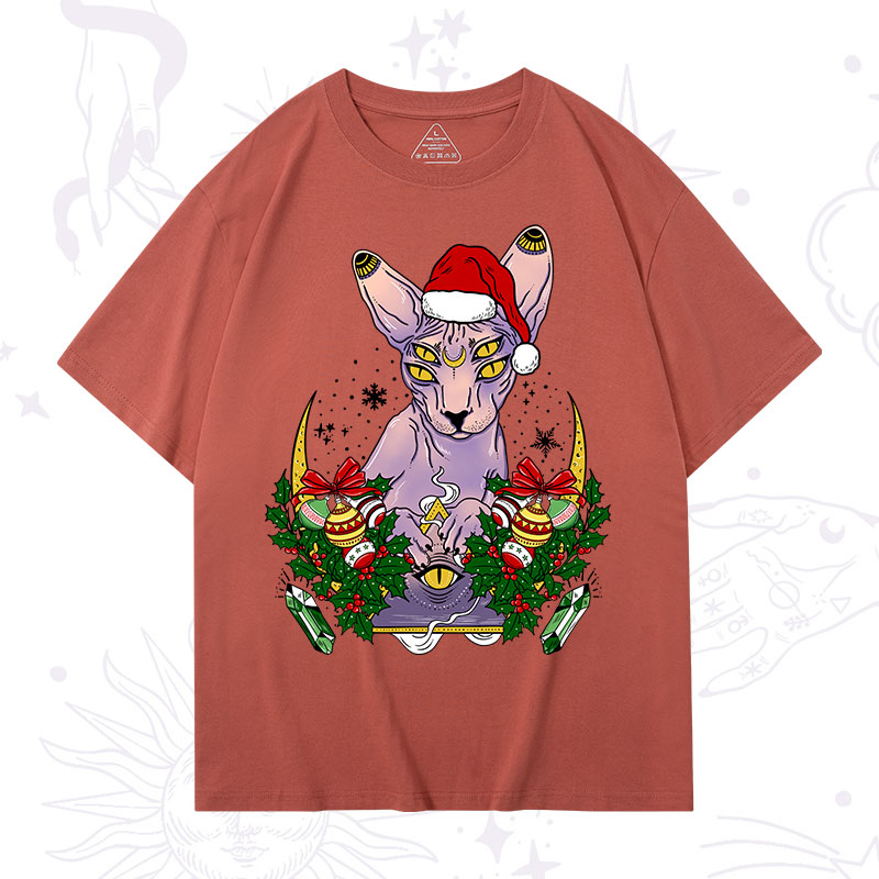 Purplehecate Christmas Moon Phase Cat Washed T-Shirt