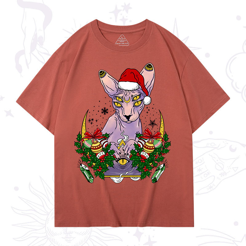 Purplehecate Christmas Moon Phase Cat Washed T-Shirt