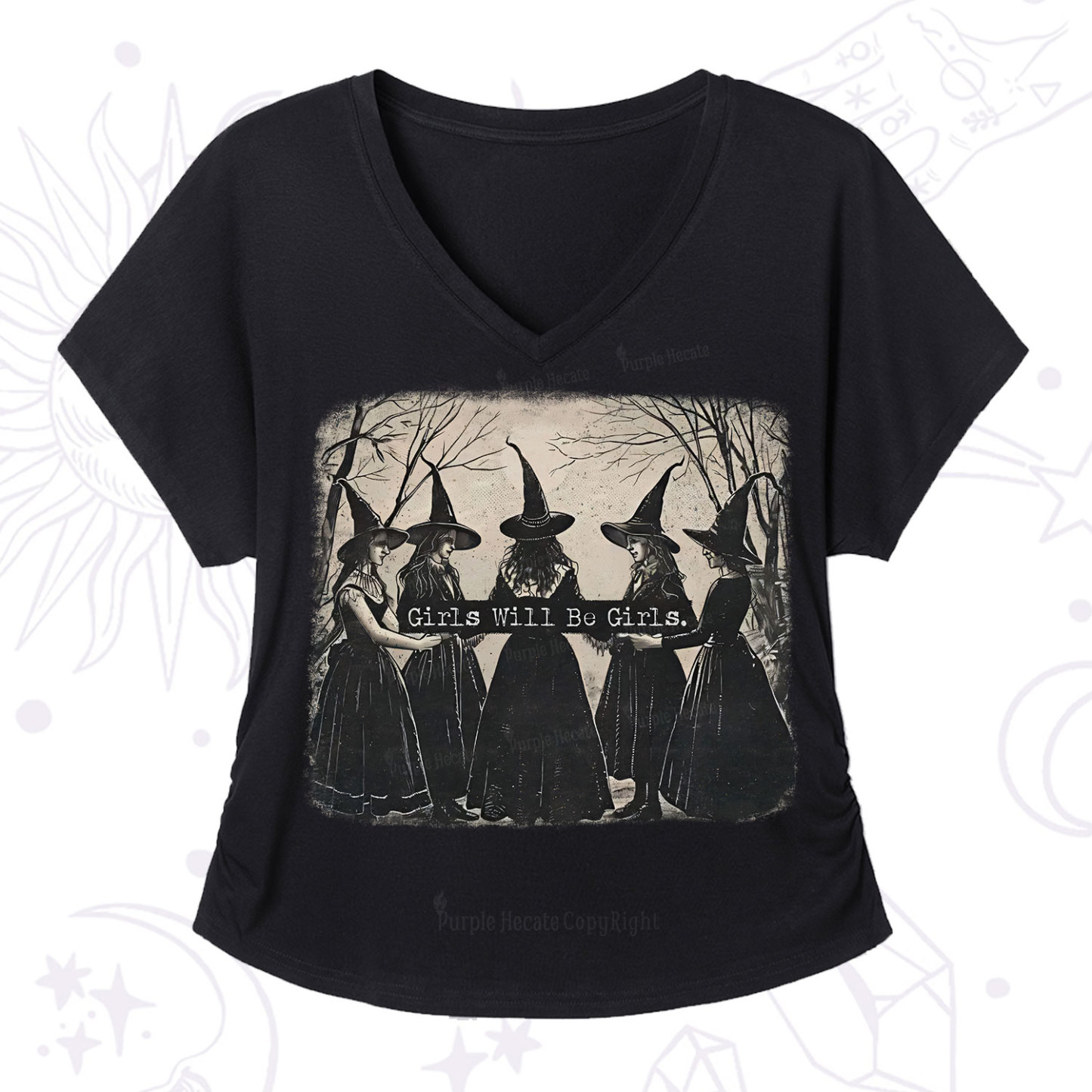 Purplehecate Girls Will Be Girls Witch V-Neck T-Shirt