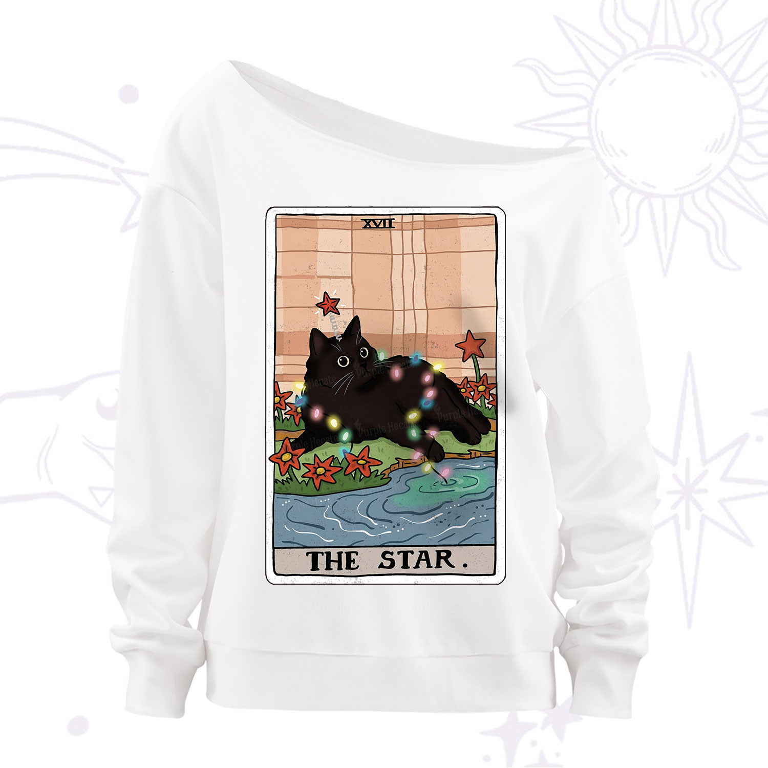 Purplehecate The Star Cat Tarot Card Off The Shoulder Sweatshirt
