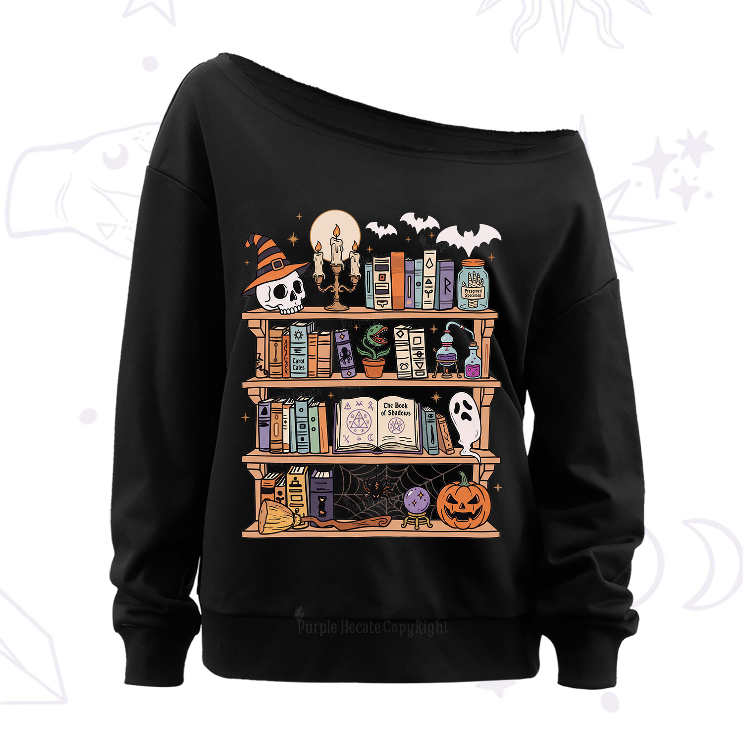 Purplehecate Halloween Library Off The Shoulder Sweatshirt