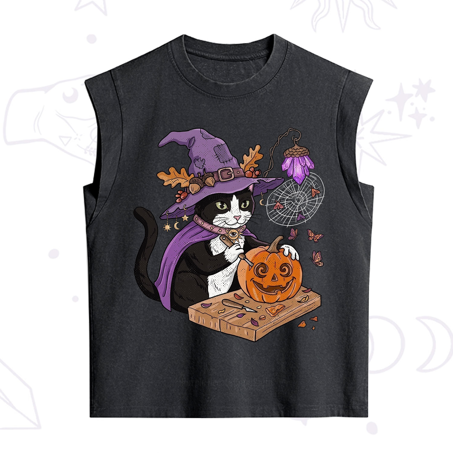Purplehecate Pumpkin Carving Witch Cat Vintage Washed Tank
