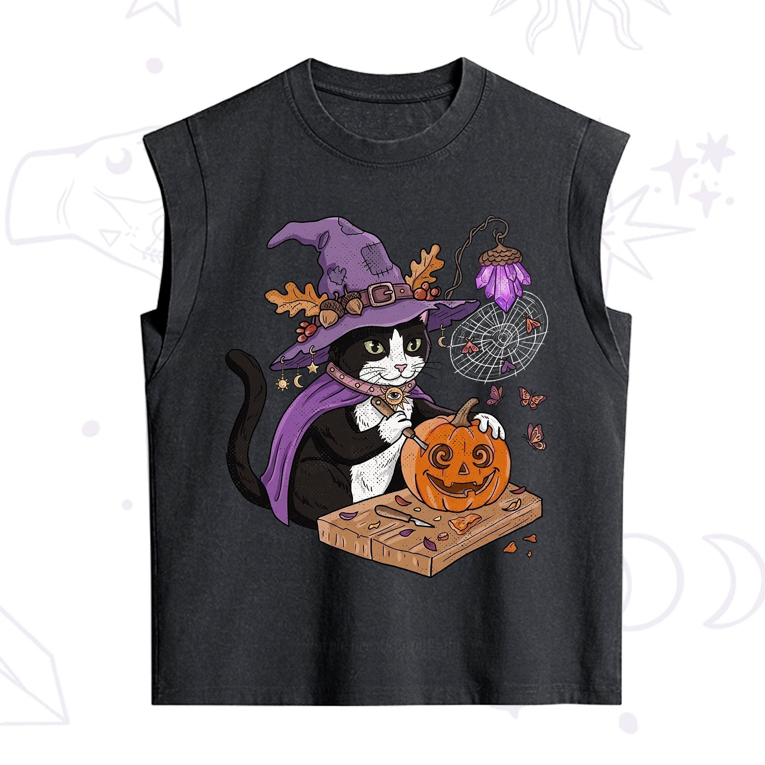 Purplehecate Pumpkin Carving Witch Cat Vintage Washed Tank