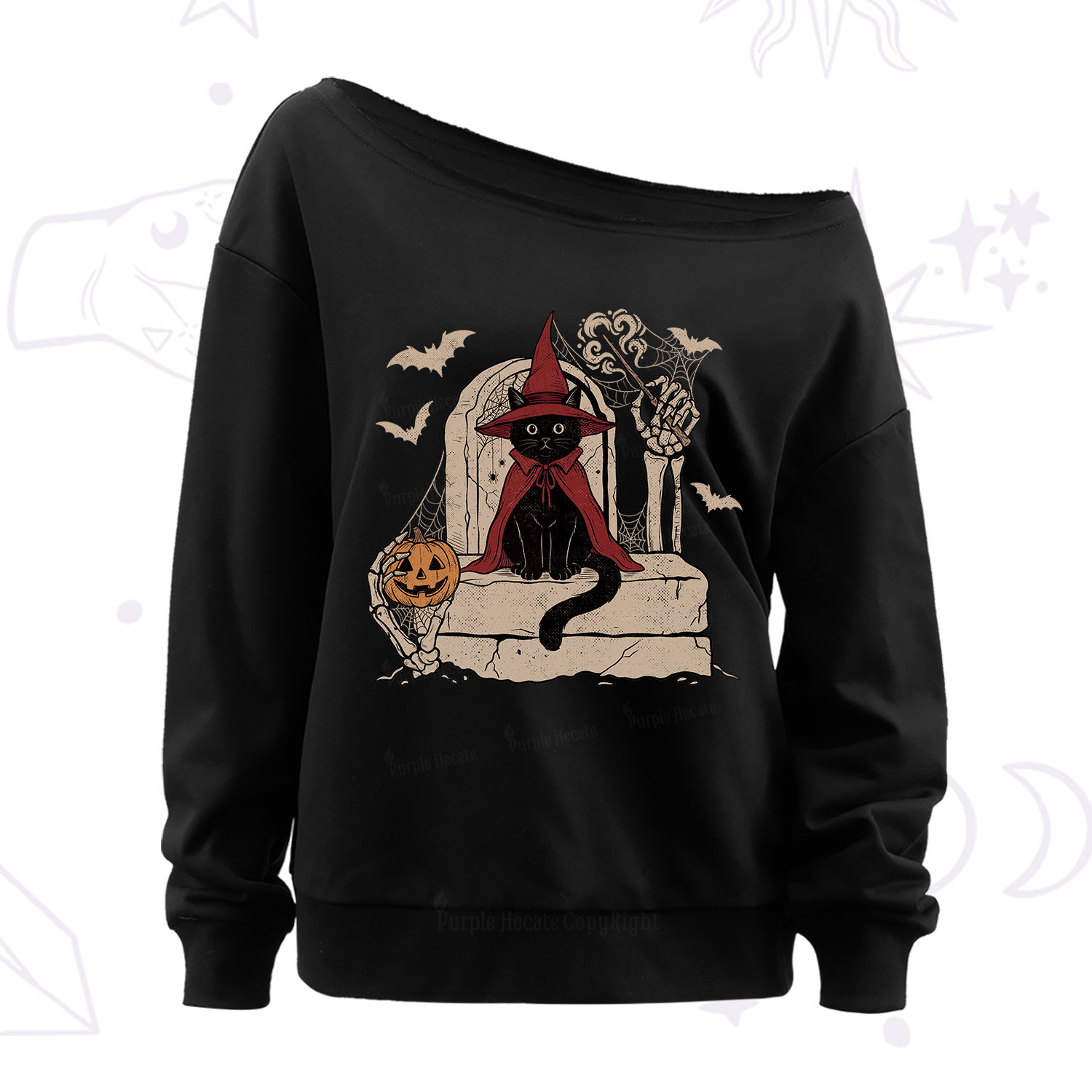 Purplehecate Wizard Black Cat on the Tombstone Halloween Off The Shoulder Sweatshirt