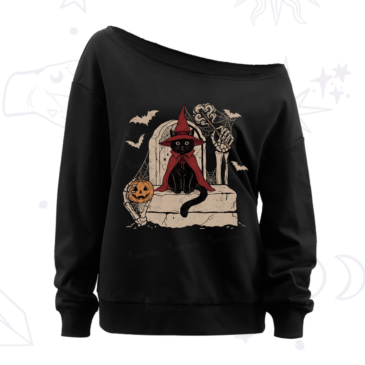 Purplehecate Wizard Black Cat on the Tombstone Halloween Off The Shoulder Sweatshirt