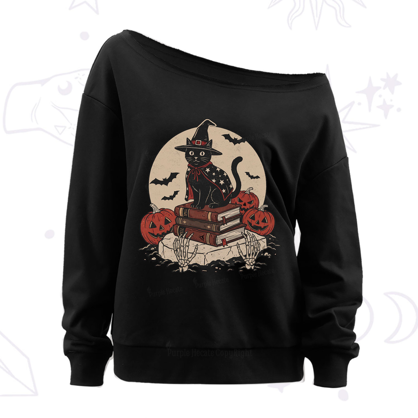 Purplehecate Witch Hat Pumpkin Off The Shoulder Sweatshirt