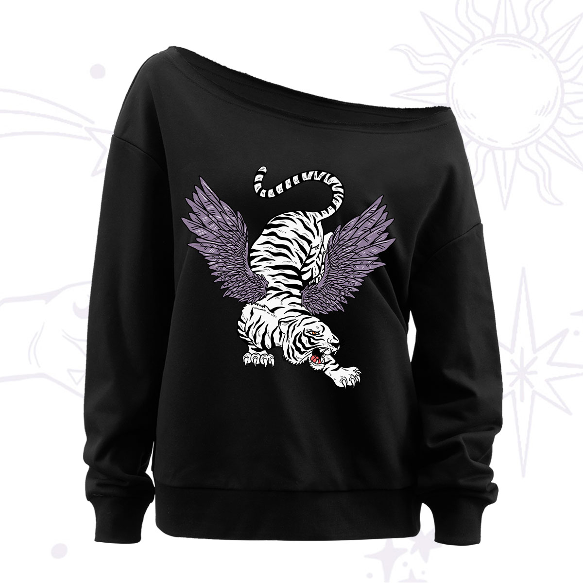  Purplehecate Tiger With Wings Off The Shoulder Sweatshirt