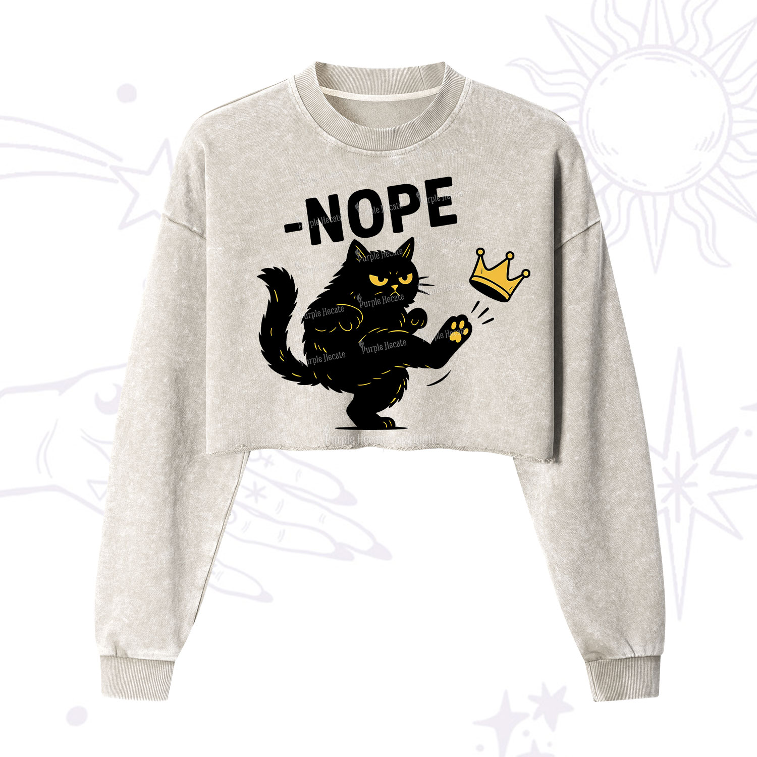Purplehecate No Kings Black Cat Cropped Washed Sweatshirt