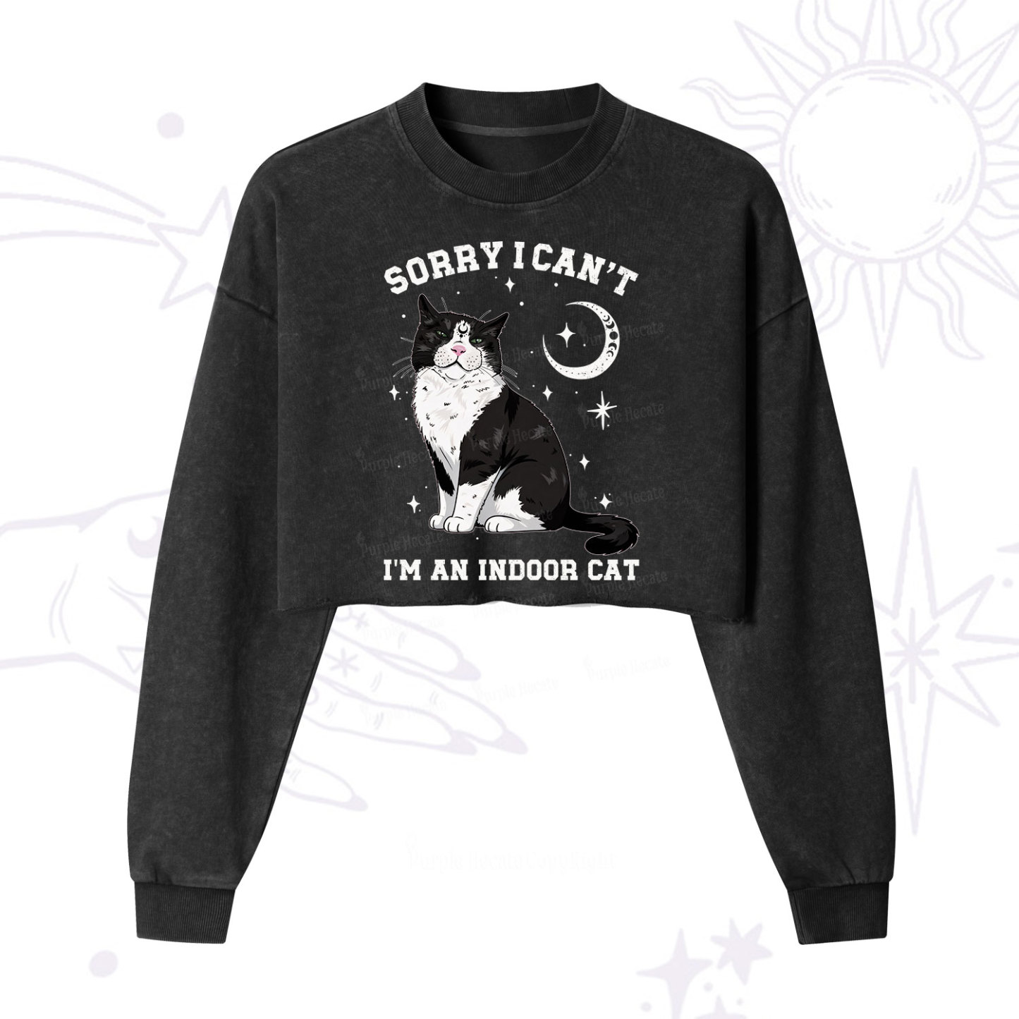 Purplehecate Sorry I Can't Go I'm an Indoor Cat Cropped Washed Sweatshirt