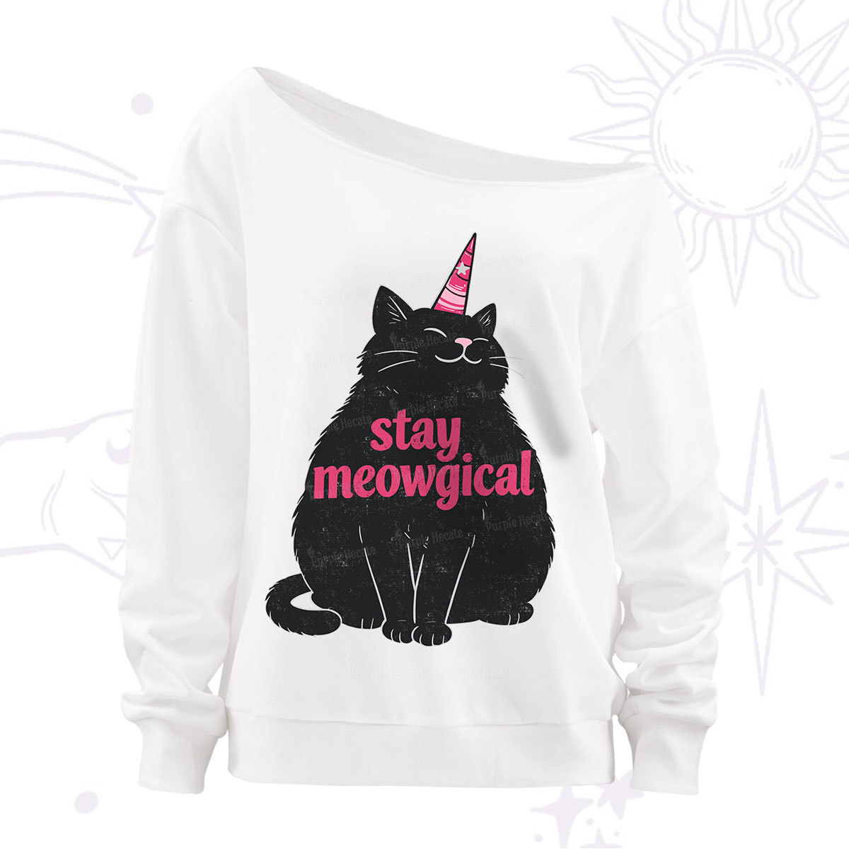 Purplehecate Stay Meowgical Off The Shoulder Sweatshirt