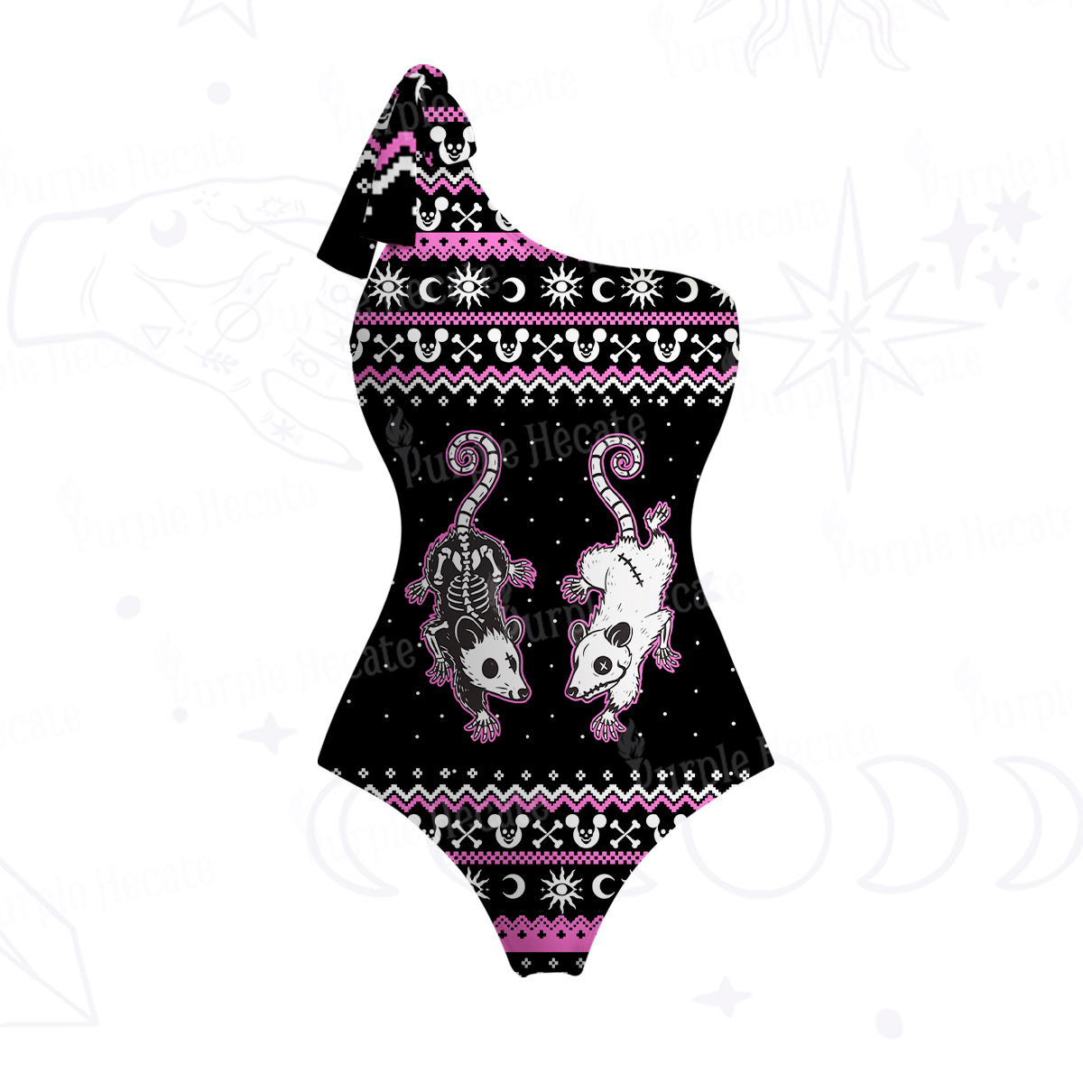 Purplehecate Moonlit Skeleton Rats One-Shoulder One-Piece Swimsuit