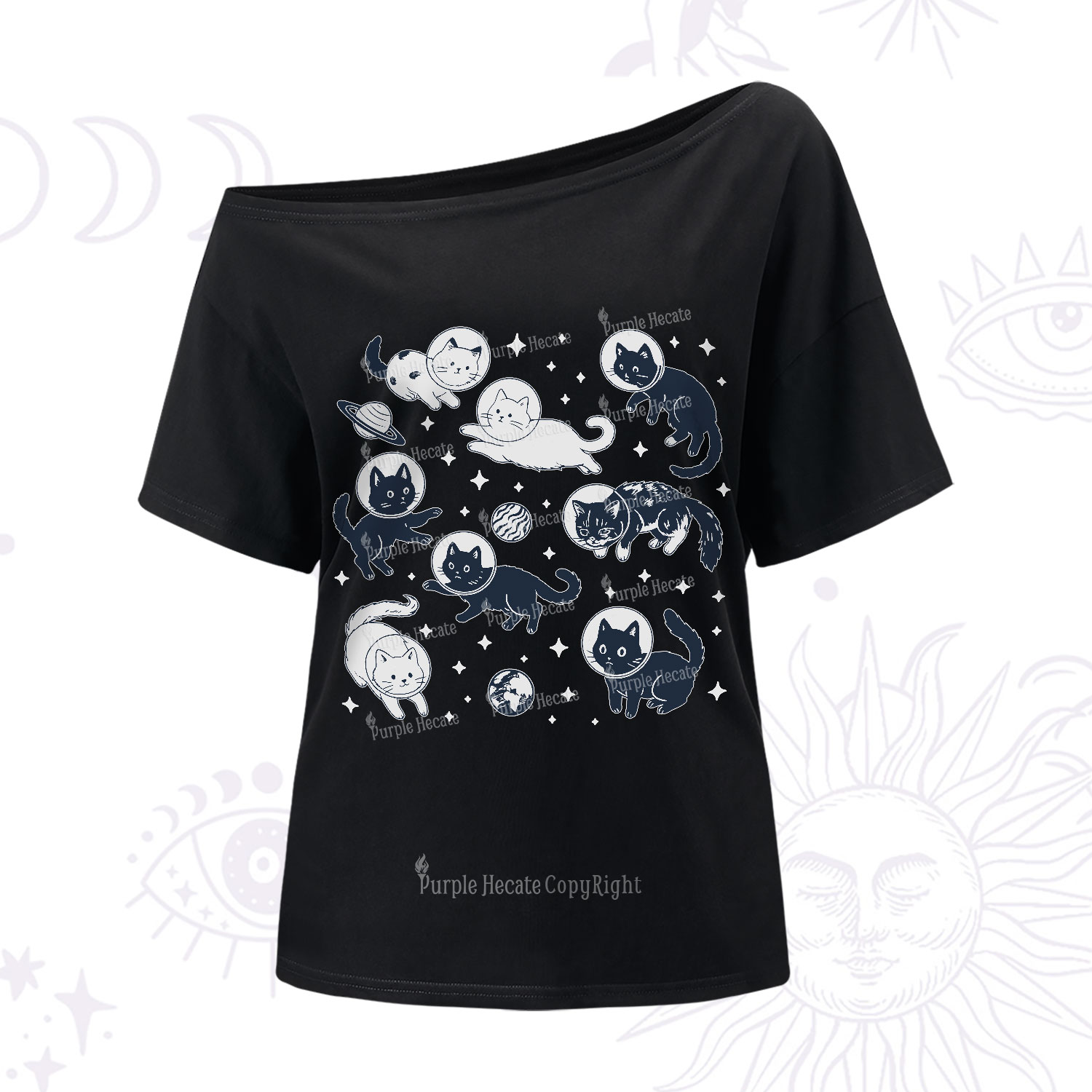 Purplehecate Cats in Space One Shoulder T-Shirt