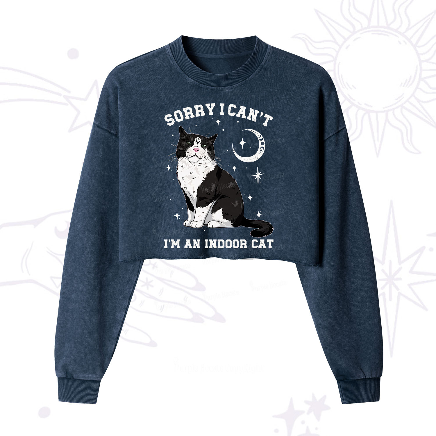 Purplehecate Sorry I Can't Go I'm an Indoor Cat Cropped Washed Sweatshirt