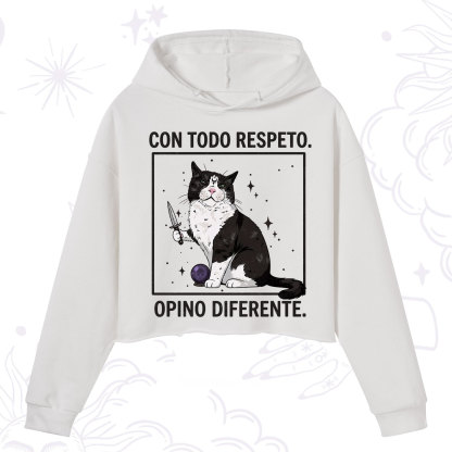 Purplehecate Funny Cat Con Todo Respeto Opino Diferente Crop Hoodie