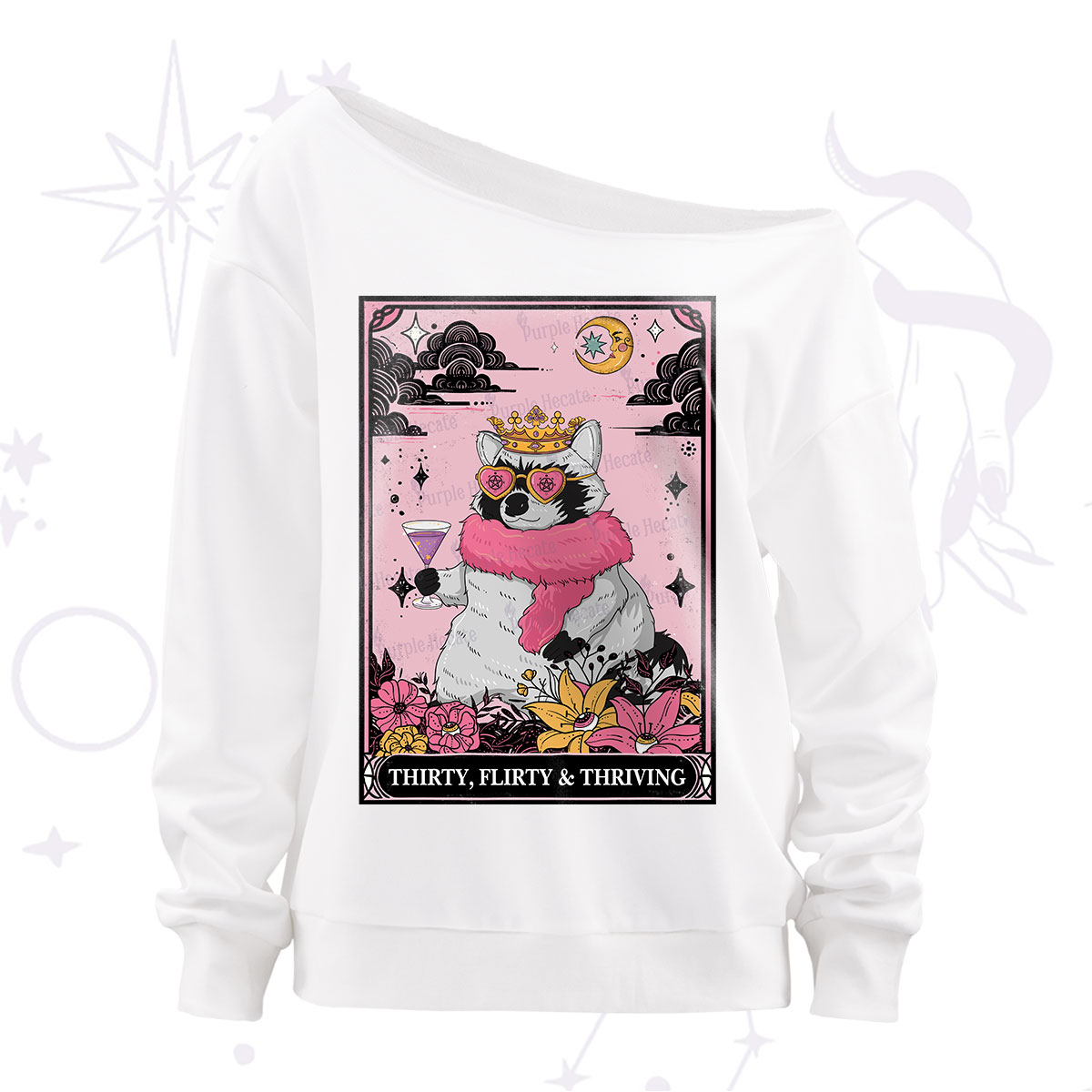 Purplehecate The Thirty Flirty Thriving Oracle Card Off The Shoulder Sweatshirt
